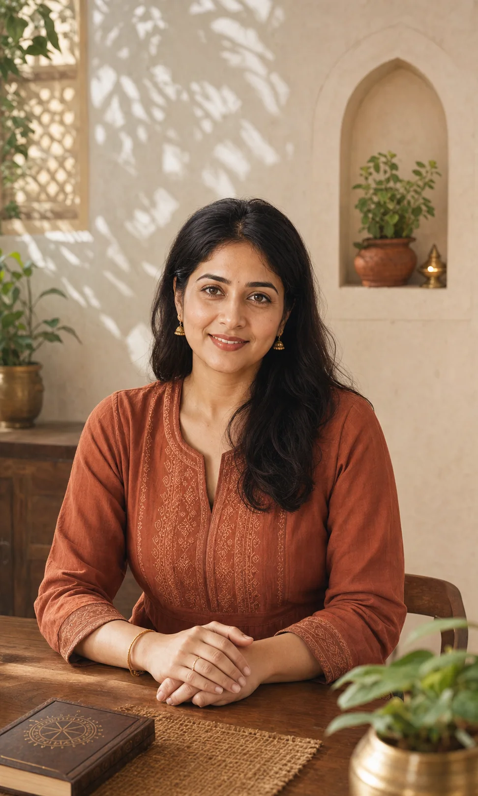 An Omaveda support guide in a warm Indian home office