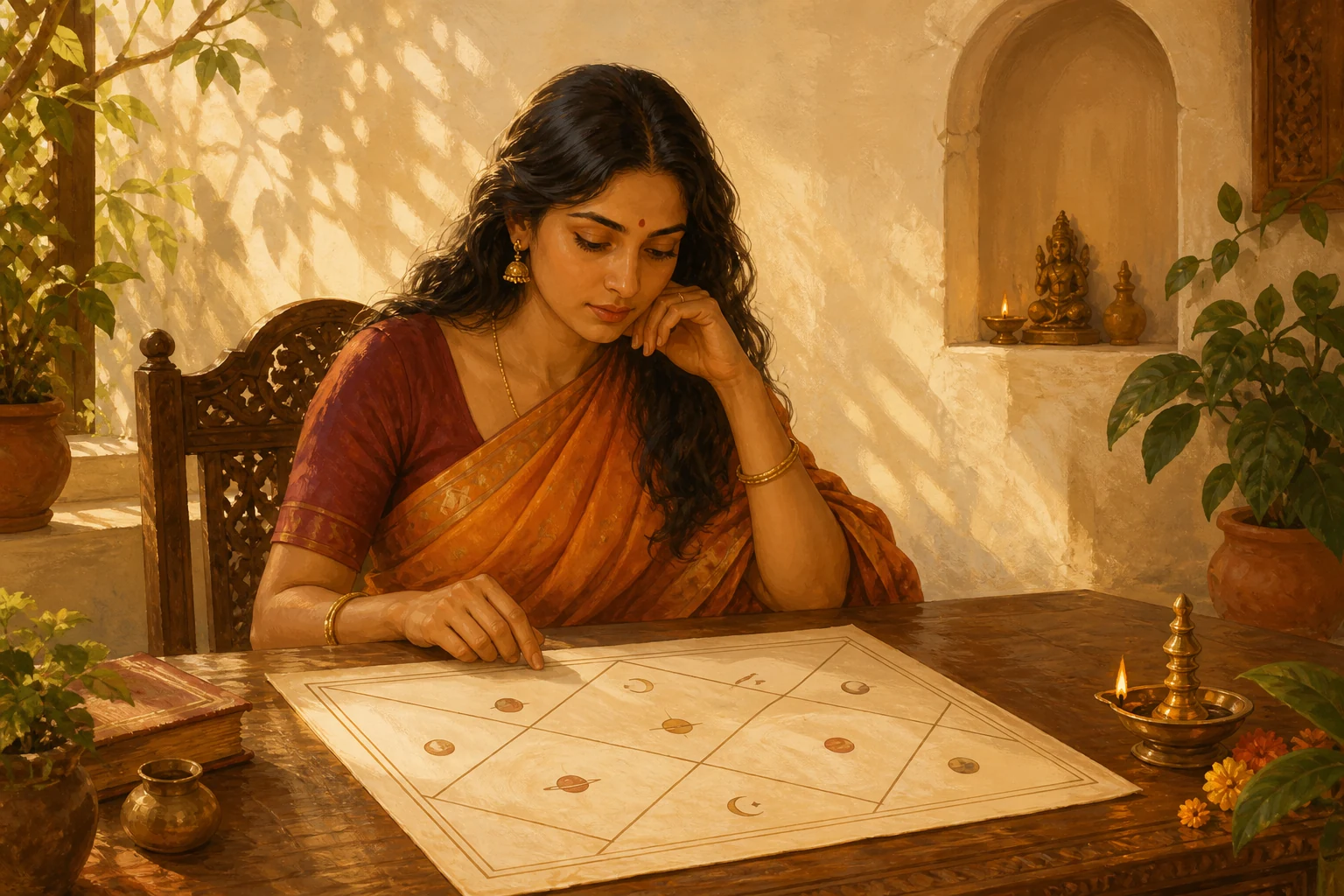 Jyotish Chart Explorer in Omaveda's warm Indian editorial style